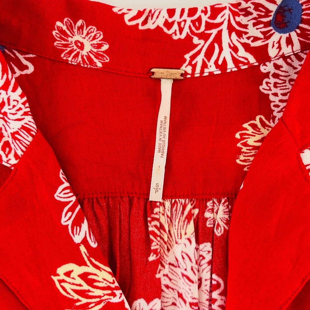 Free People Blue Hawaii Red Floral Print Mini Dress Bohemian Side Pockets Small - Picture 8 of 11